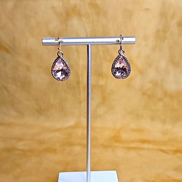 Y2K Silver Plated Pink Crystal Gemstone Teardrop Earrings - Picture 1 of 4